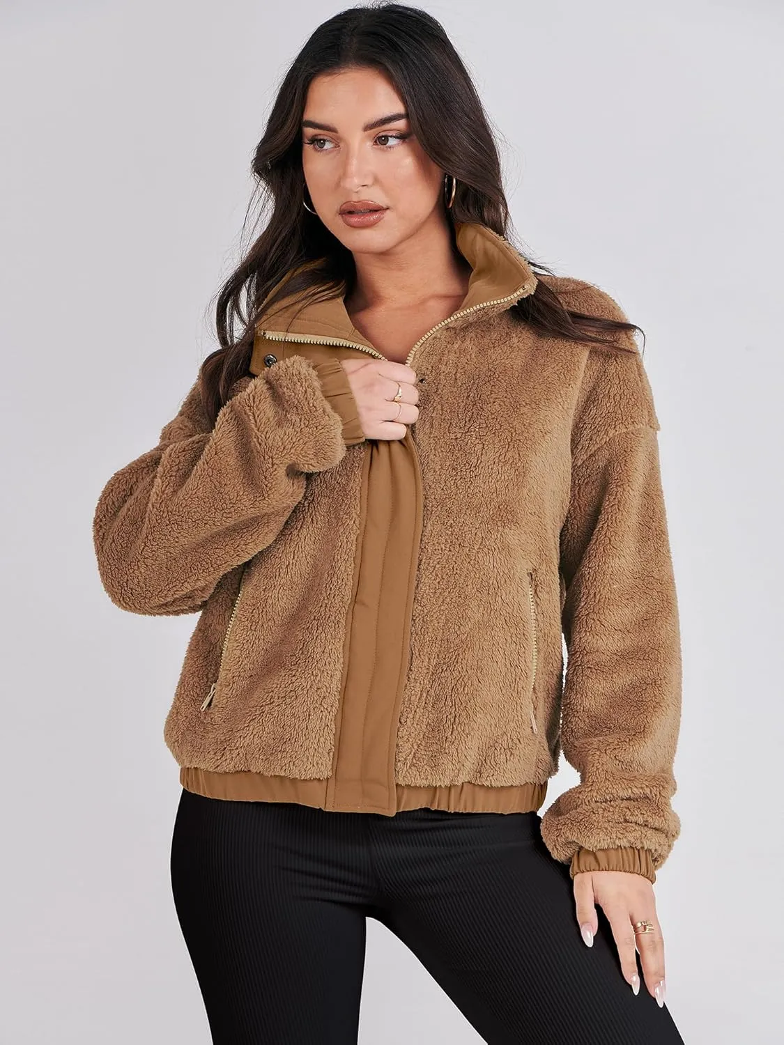 ANRABESS Womens Fleece Jacket Casual Long Sleeve Cropped Sherpa Button Down Fuzzy Warm Coats Fall Outwear With Pockets