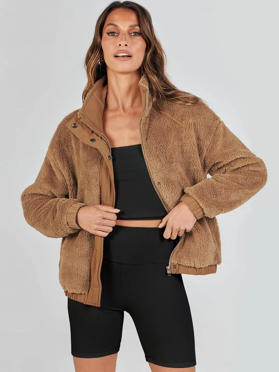 ANRABESS Womens Fleece Jacket Casual Long Sleeve Cropped Sherpa Button Down Fuzzy Warm Coats Fall Outwear With Pockets