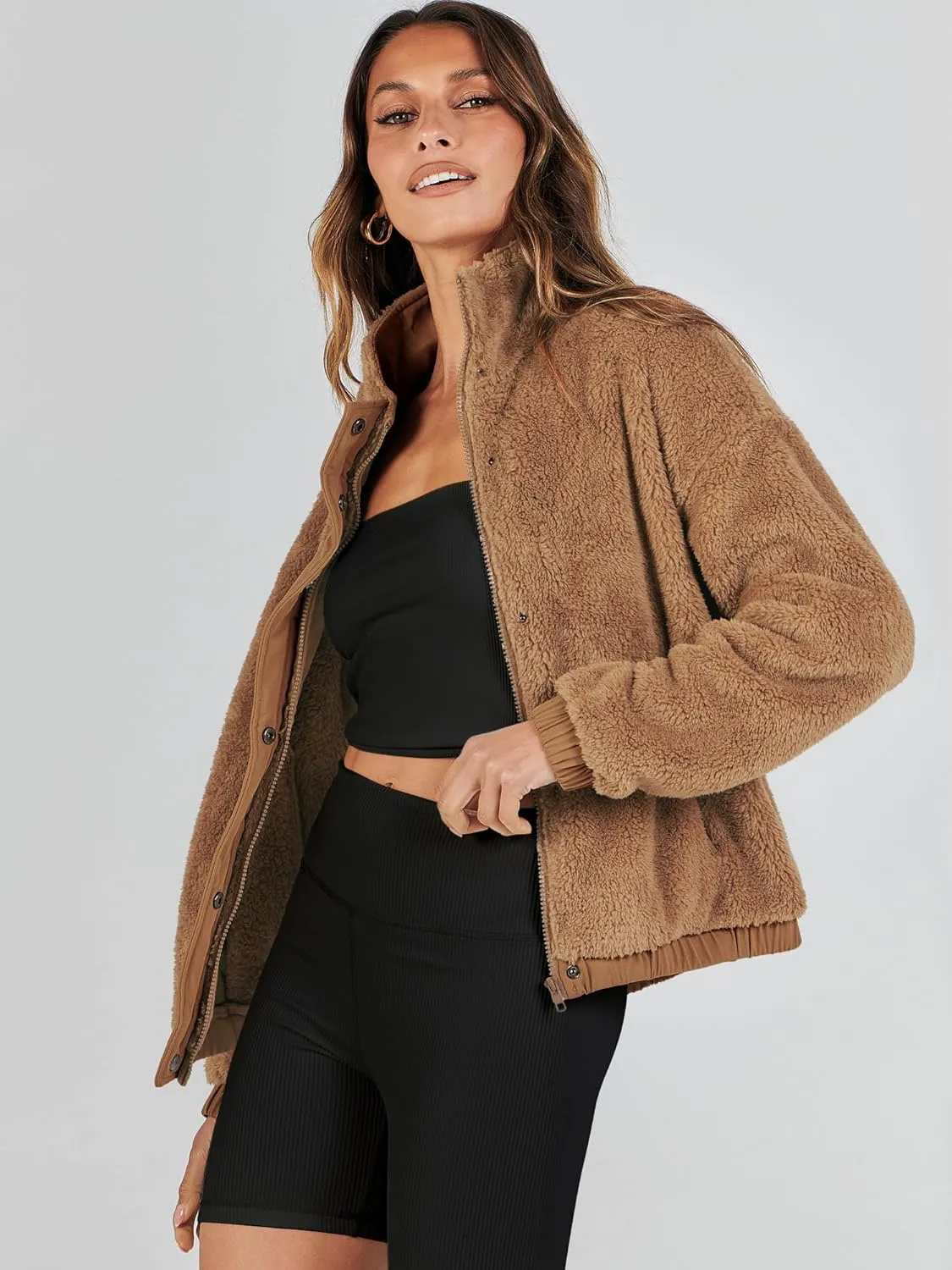 ANRABESS Womens Fleece Jacket Casual Long Sleeve Cropped Sherpa Button Down Fuzzy Warm Coats Fall Outwear With Pockets