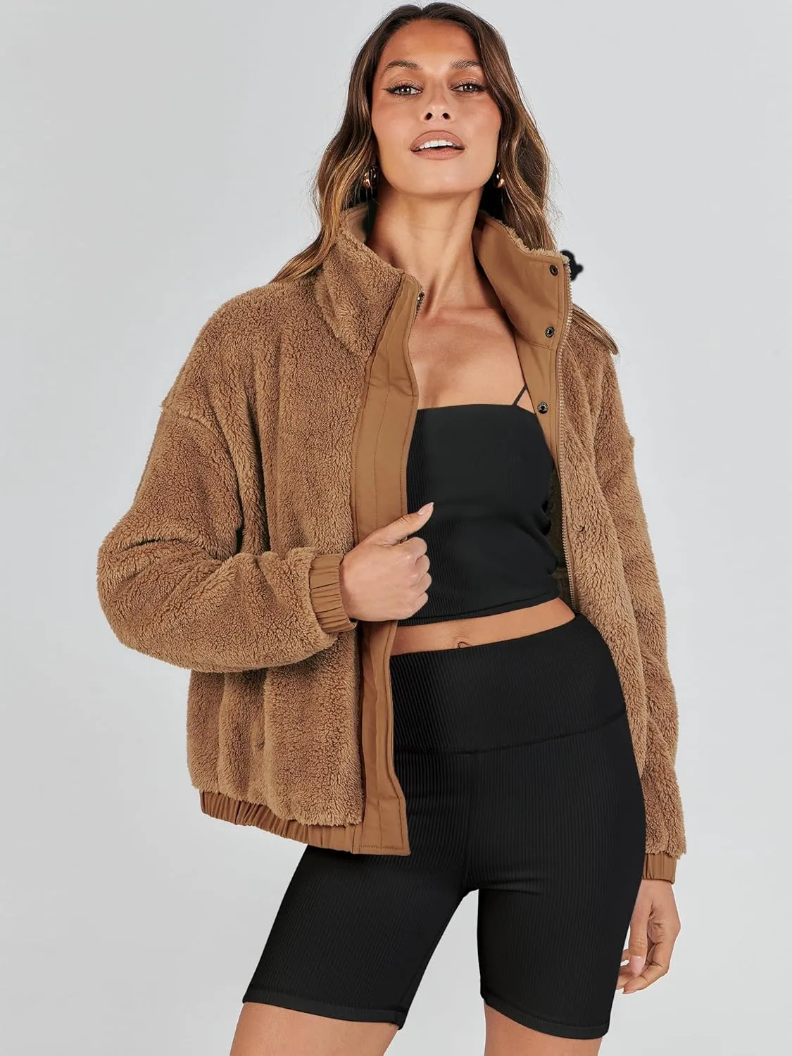 ANRABESS Womens Fleece Jacket Casual Long Sleeve Cropped Sherpa Button Down Fuzzy Warm Coats Fall Outwear With Pockets