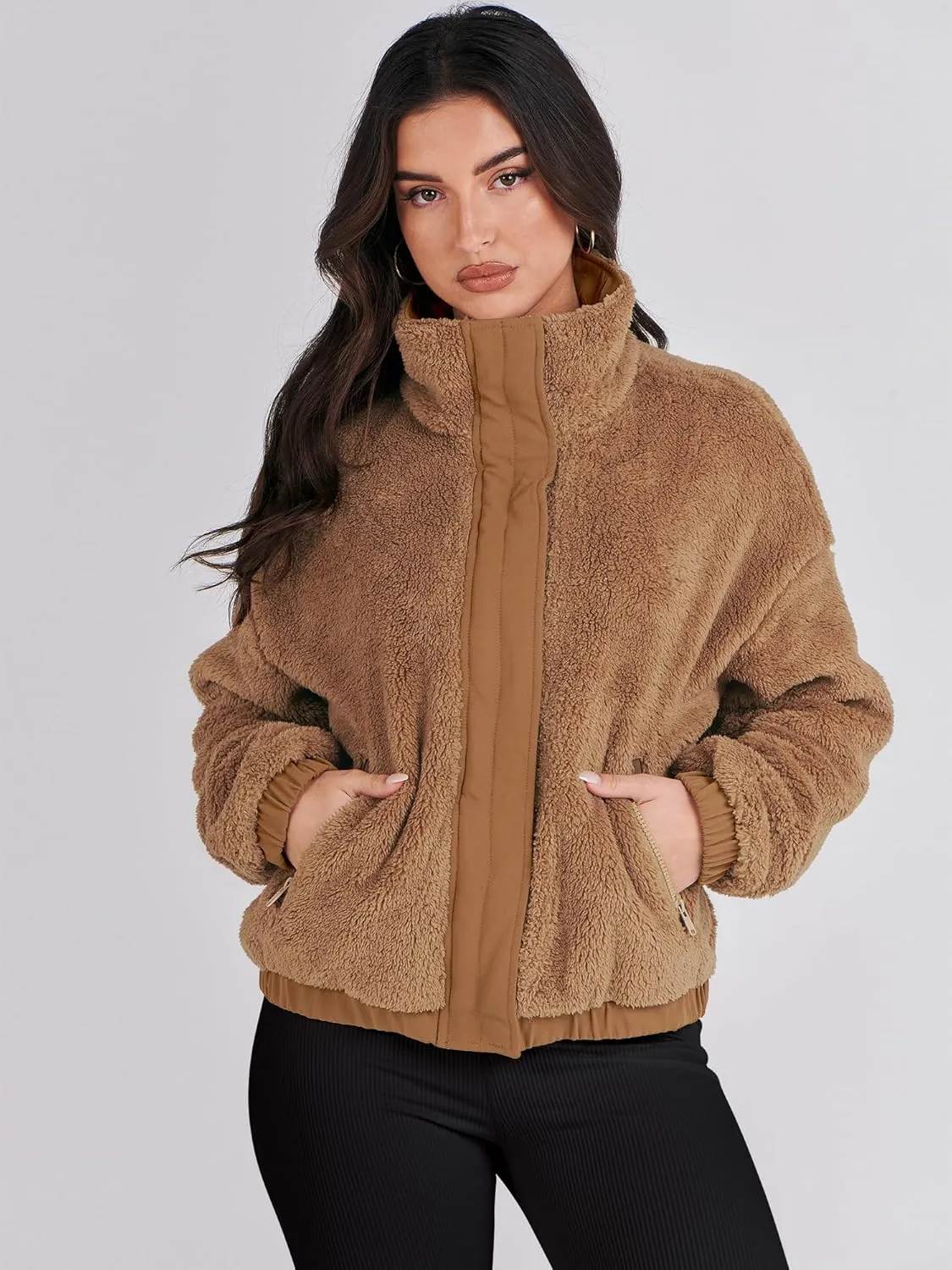 ANRABESS Womens Fleece Jacket Casual Long Sleeve Cropped Sherpa Button Down Fuzzy Warm Coats Fall Outwear With Pockets