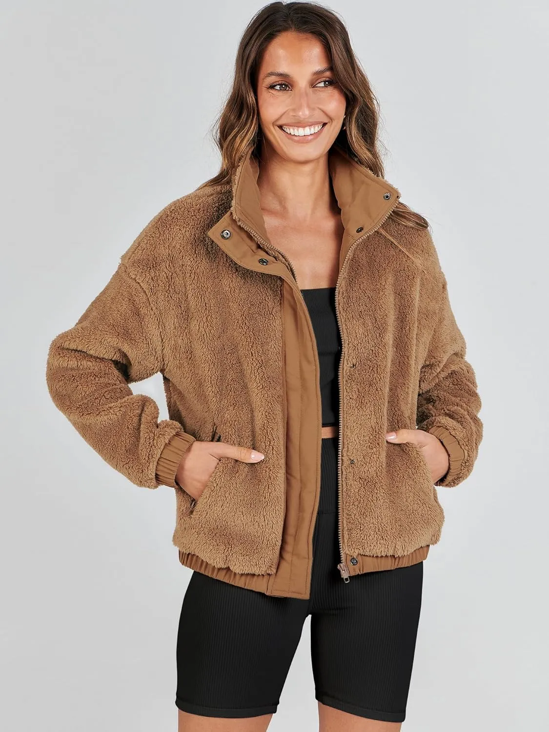 ANRABESS Womens Fleece Jacket Casual Long Sleeve Cropped Sherpa Button Down Fuzzy Warm Coats Fall Outwear With Pockets