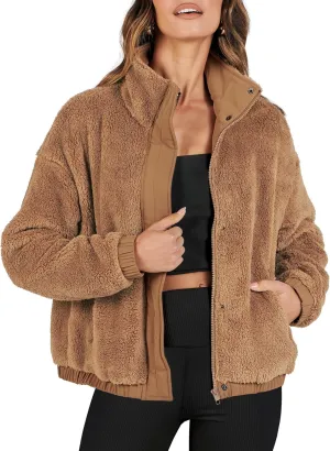 ANRABESS Womens Fleece Jacket Casual Long Sleeve Cropped Sherpa Button Down Fuzzy Warm Coats Fall Outwear With Pockets