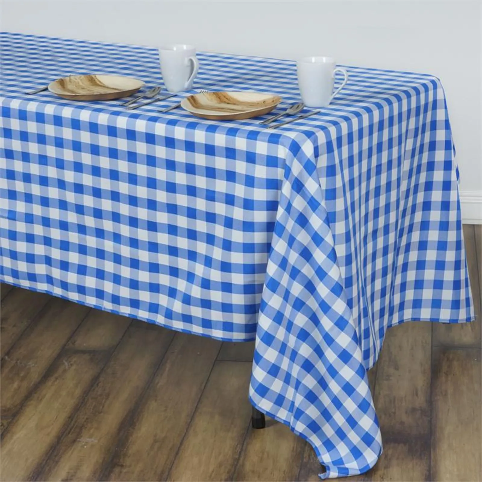 Blue and White Checkered Buffalo Plaid Gingham Fabric Rectangle Tablecloth (102 in x 60 in)