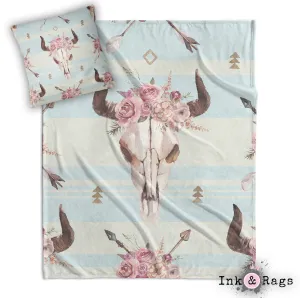 Boho Chic Stripe and Rose Bull Skull Decorative Throw and Pillow Cover Set