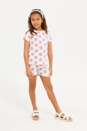 Girls White And Pink Floral T-Shirt Set (2 piece)