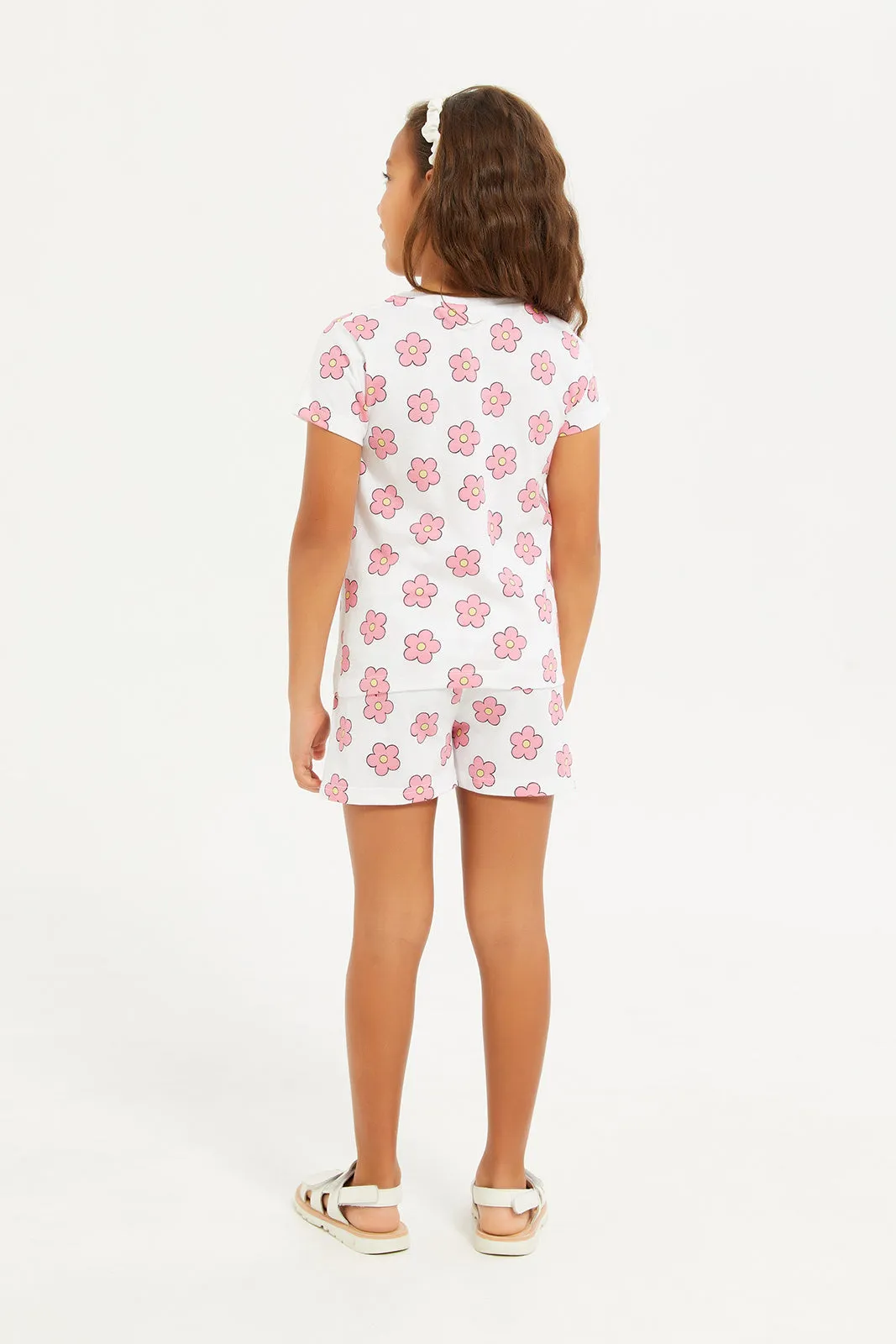 Girls White And Pink Floral T-Shirt Set (2 piece)