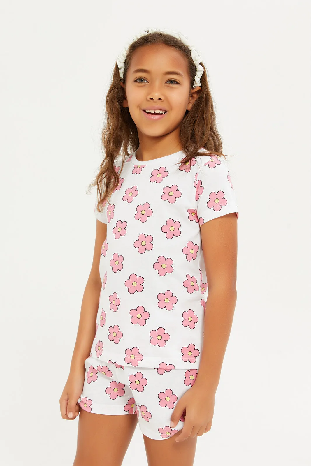 Girls White And Pink Floral T-Shirt Set (2 piece)