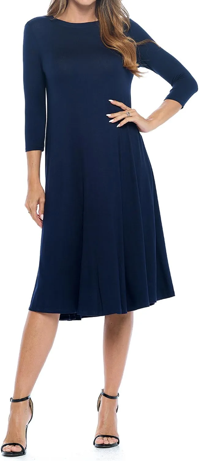 iconic luxe Women's Swing Midi Dress  3/4 Sleeve Flowy A-Line Tunic  Soft, Stretchy, Comfortable, and Versatile