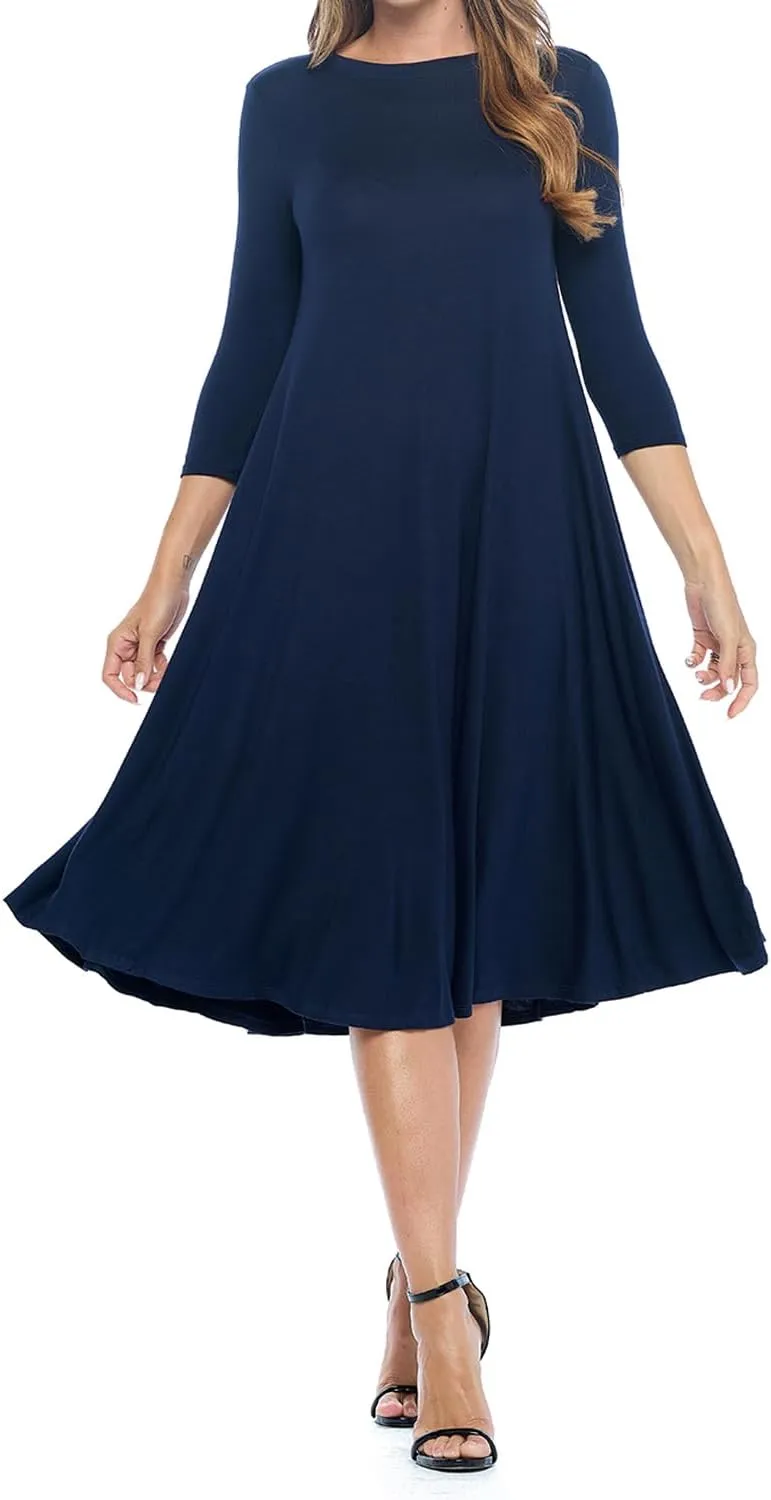 iconic luxe Women's Swing Midi Dress  3/4 Sleeve Flowy A-Line Tunic  Soft, Stretchy, Comfortable, and Versatile