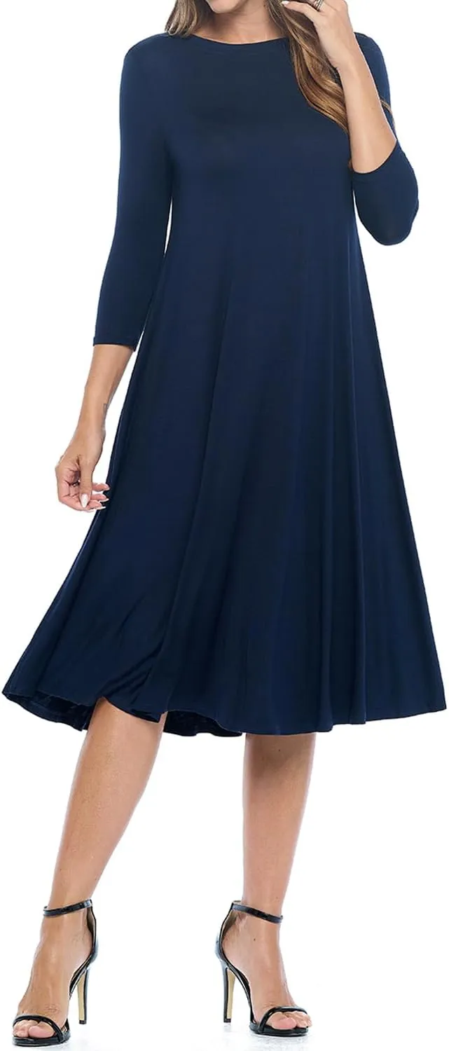 iconic luxe Women's Swing Midi Dress  3/4 Sleeve Flowy A-Line Tunic  Soft, Stretchy, Comfortable, and Versatile