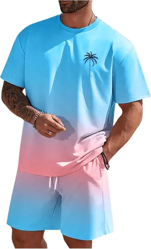 Men's Short Sets 2 Piece Outfits Tropical Graphic Tees and Shorts Sets Beach Vacation Outfits