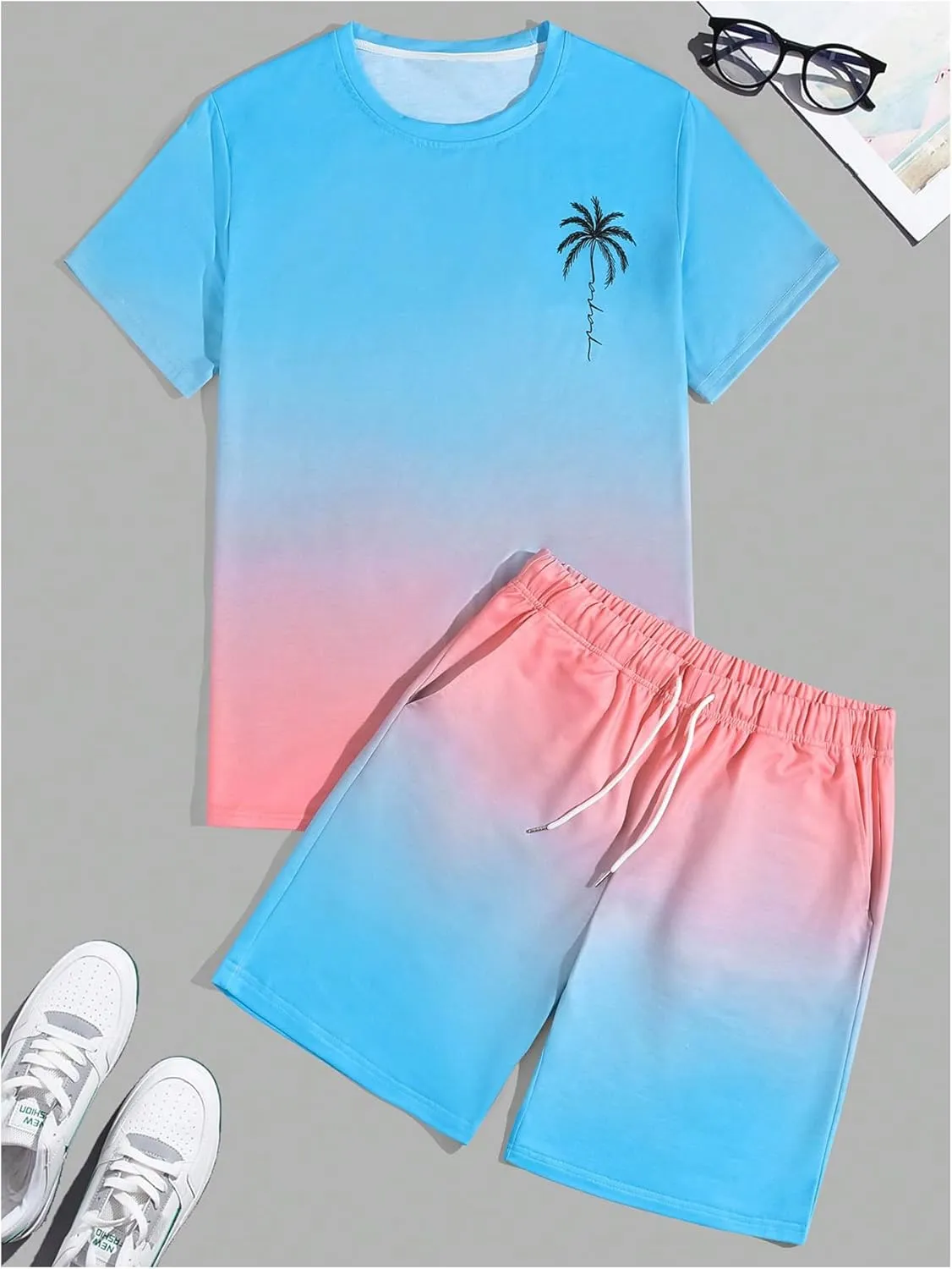 Men's Short Sets 2 Piece Outfits Tropical Graphic Tees and Shorts Sets Beach Vacation Outfits
