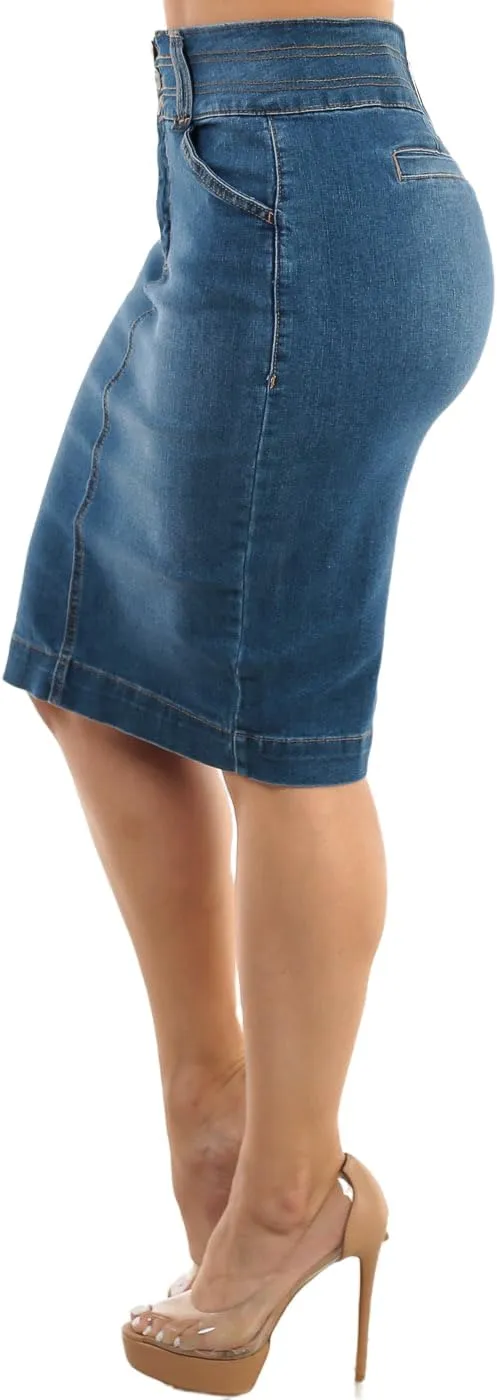 Moda Xpress Women's Stretchy Butt Lifting High Waisted Slim Fit Stylish Knee Length Soft Denim Pencil Skirt