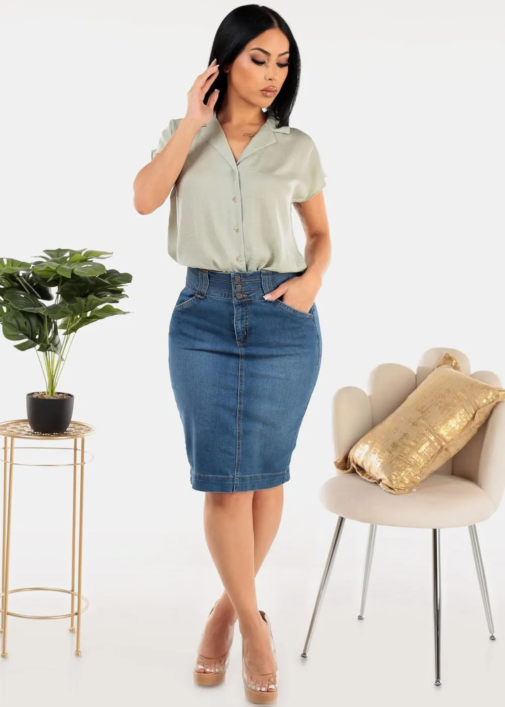 Moda Xpress Women's Stretchy Butt Lifting High Waisted Slim Fit Stylish Knee Length Soft Denim Pencil Skirt