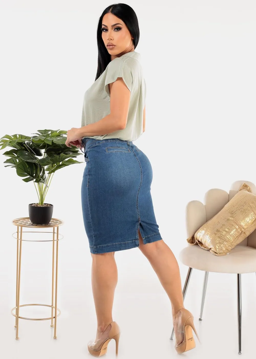 Moda Xpress Women's Stretchy Butt Lifting High Waisted Slim Fit Stylish Knee Length Soft Denim Pencil Skirt