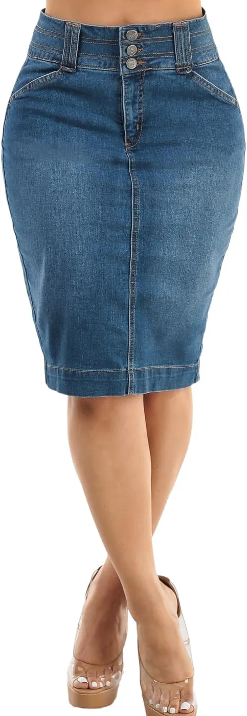 Moda Xpress Women's Stretchy Butt Lifting High Waisted Slim Fit Stylish Knee Length Soft Denim Pencil Skirt