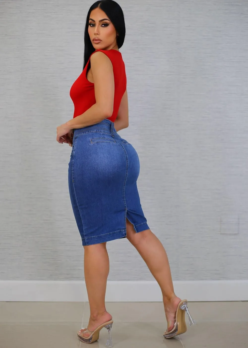 Moda Xpress Women's Stretchy Butt Lifting High Waisted Slim Fit Stylish Knee Length Soft Denim Pencil Skirt