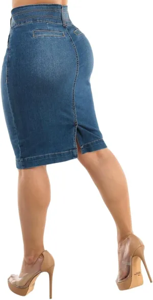 Moda Xpress Women's Stretchy Butt Lifting High Waisted Slim Fit Stylish Knee Length Soft Denim Pencil Skirt