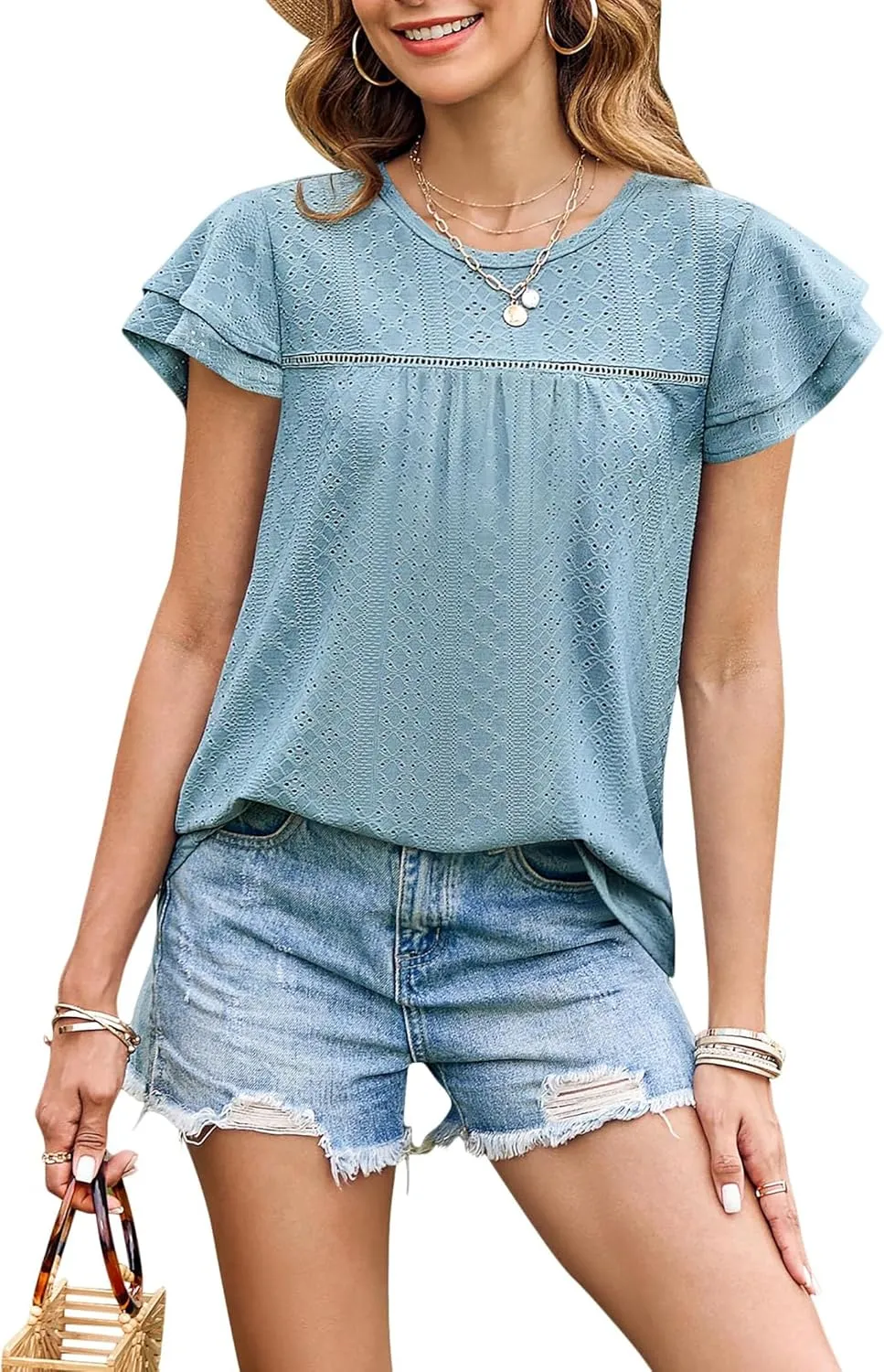Women's Ruffle Edge Sleeve Top Casual Shirt Round Neck Eyelet Summer Cool and Comfortable Short Sleeve