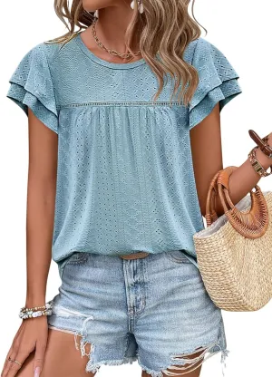 Women's Ruffle Edge Sleeve Top Casual Shirt Round Neck Eyelet Summer Cool and Comfortable Short Sleeve