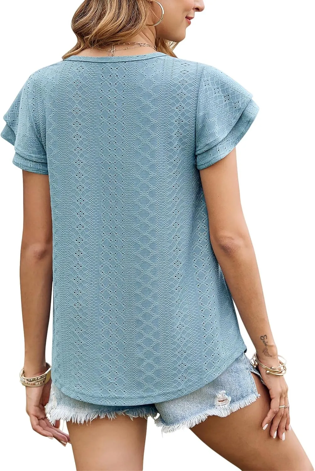 Women's Ruffle Edge Sleeve Top Casual Shirt Round Neck Eyelet Summer Cool and Comfortable Short Sleeve