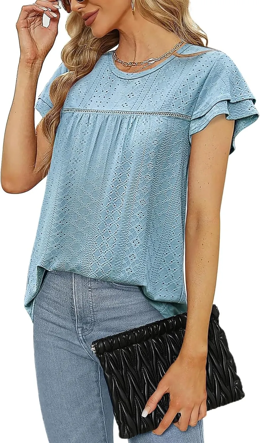 Women's Ruffle Edge Sleeve Top Casual Shirt Round Neck Eyelet Summer Cool and Comfortable Short Sleeve