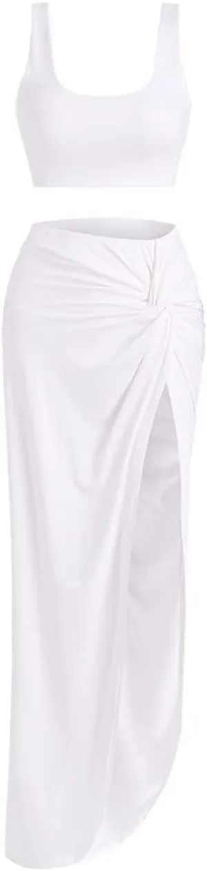 ZAFUL Women's Casual Sleeveless Summer Solid Marled Crop Top and Draped Ruched Maxi Skirt Set Two Piece Dress