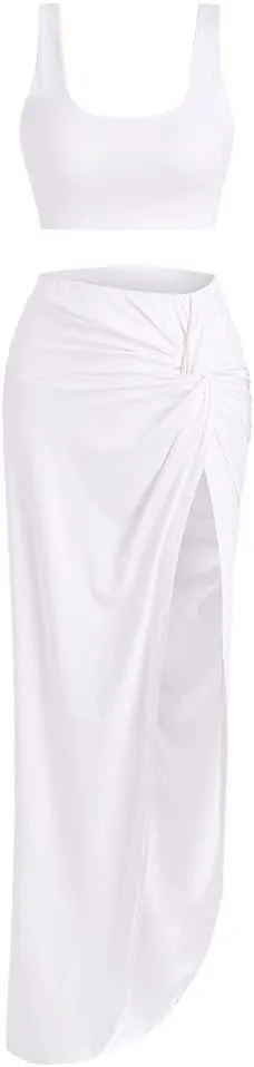 ZAFUL Women's Casual Sleeveless Summer Solid Marled Crop Top and Draped Ruched Maxi Skirt Set Two Piece Dress